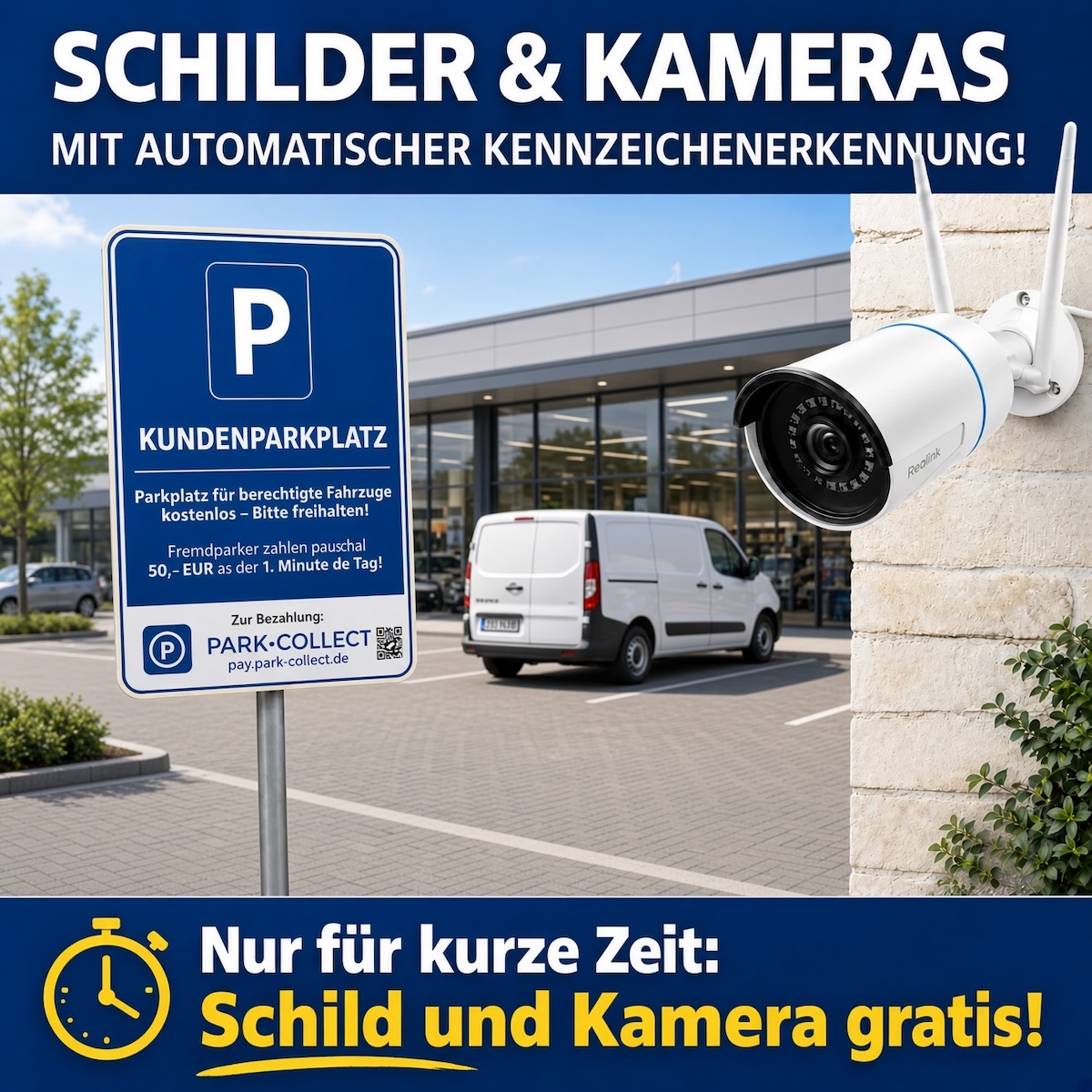 Beschilderter Kundenparkplatz mit KI-Kamera zur automatischen Kennzeichenerkennung
